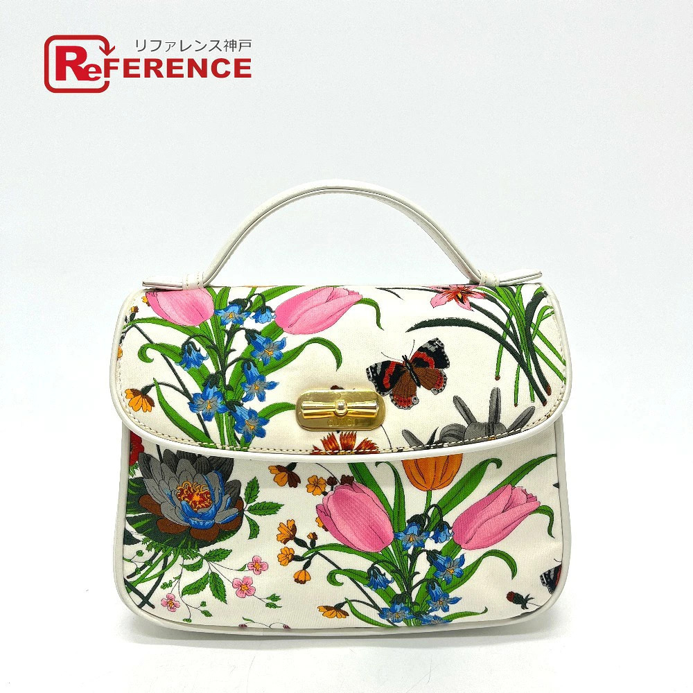 Gucci Flora Flower Handbag Bag Canvas Leather White Multi